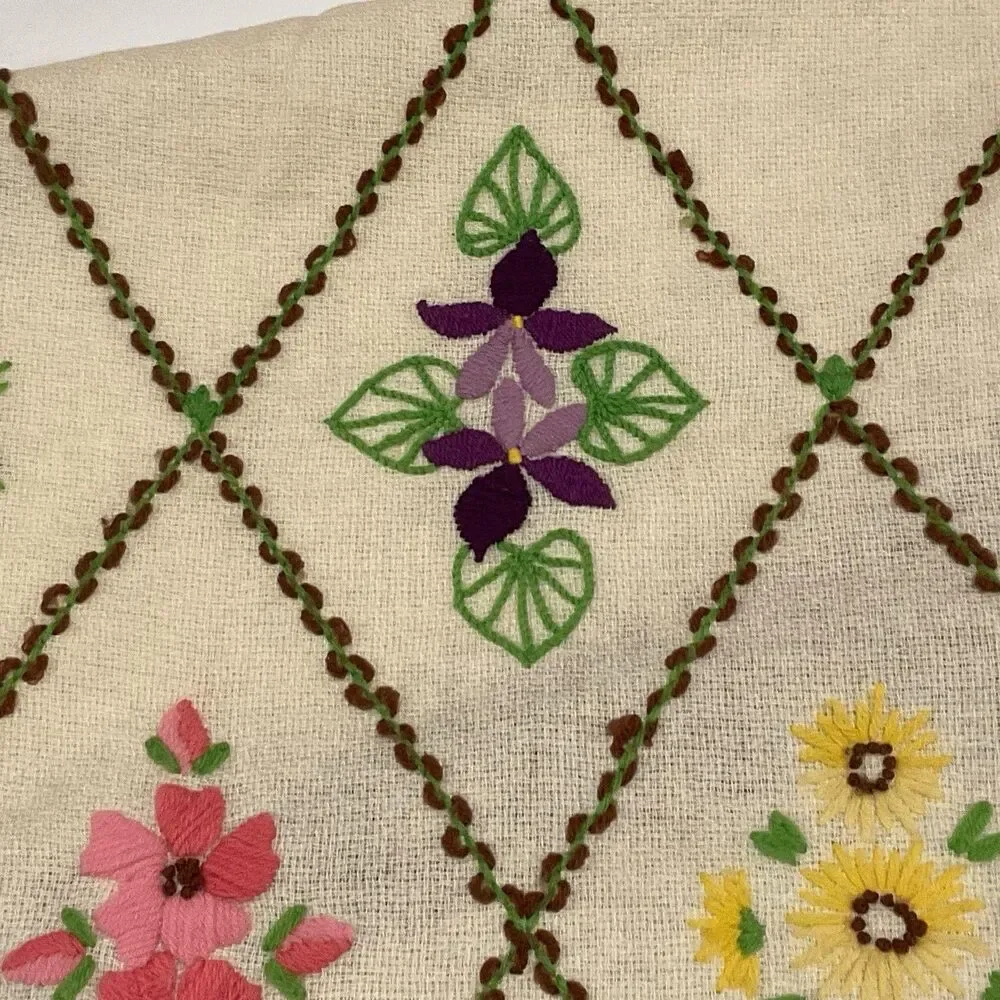 Vintage Handmade Throw Crewel Embroidered Cottage Granny Wool 54 X 66 MCM
